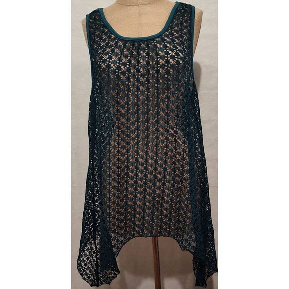 ARIA HAND MADE Teal lace sleeveless tunic shirt. Coverup. Shark bite hem. NWT. S - Picture 1 of 5